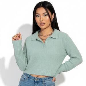 NWT Cotton Candy LA Fuzzy Crop Polo Sweater Womens L Pastel Green Soft Cozy Y2K